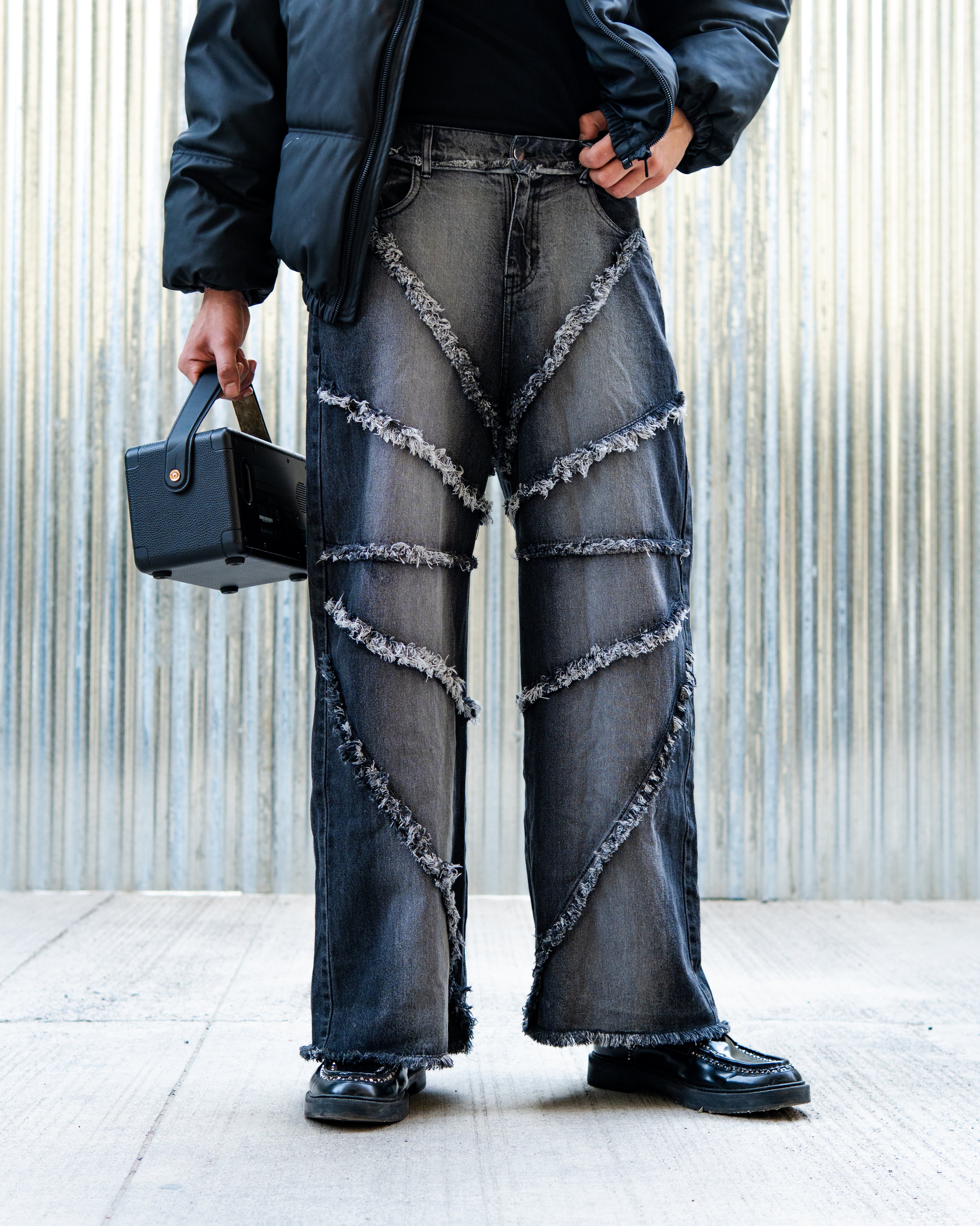 メンズ switching fringe wide denim pants gideal